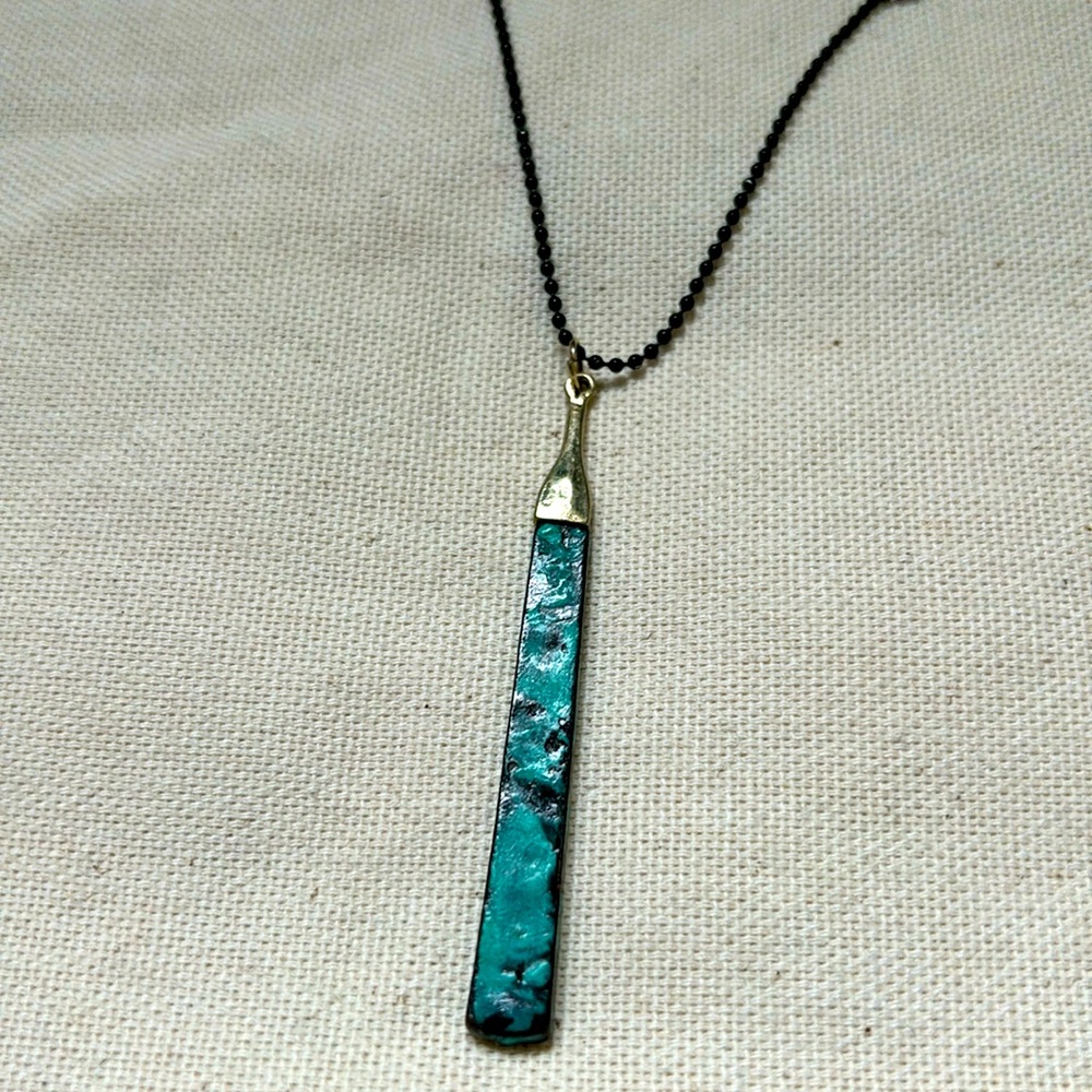Long Elongated Blue Oxidized Copper Silver Black Chain Pendant Necklace